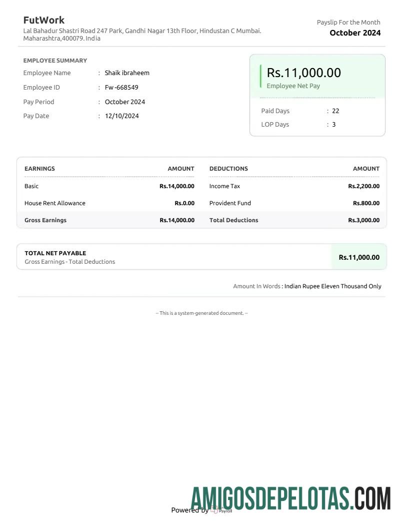 Realista Modelo de recibo de pagamento da empresa de serviços de comércio eletrônico FutWork da Índia em formatos Word e PDF.pdf, 1